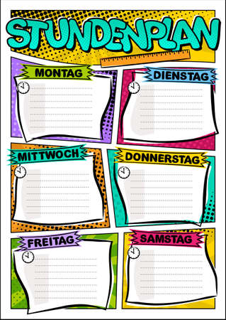 German Comic template of school schedule for 6 days of week. Cartoon Blank for a list of school subjects. Transaltion: Timetable, Monday, Tuesday, Wednesday, Thursday, Friday, Saturday. Vector popartのイラスト素材