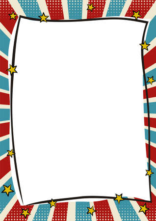Vintage tricolor frame in pop art style. Bright page for festive photos. Template for the design of frames for party, photographs, posters, cards, stickers. Comic Vector illustration.のイラスト素材