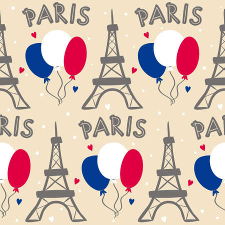 Seamless french pattern with Eiffel Tower, balloons and hearts. Hand drawn Paris decor in national tricolor. Vector illustration for France, trip and adventure.のイラスト素材