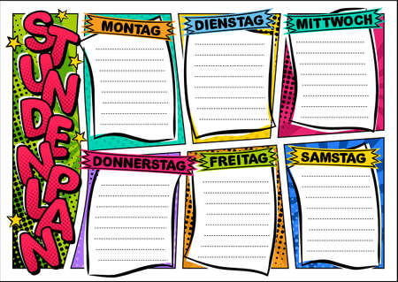 German Comic template of school schedule for 6 days of week. Cartoon Blank for a list of school subjects. Transaltion: Timetable, Monday, Tuesday, Wednesday, Thursday, Friday, Saturday. Vector popartのイラスト素材