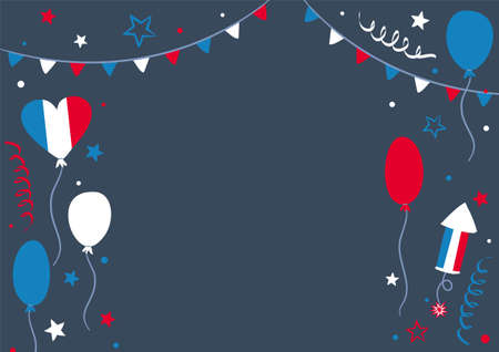 Banner for France in national tricolor. Greeting card Template with flags, balloons, firecracker and stars. Vector illustration for festive poster design.のイラスト素材