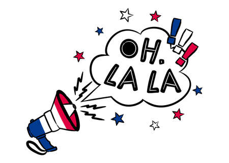 Oh, la la. Comic speech bubble with shout in the colors of the French tricolor. Pop art Vector illustration for a festive or holiday decoration for France. Translation: Oh dearのイラスト素材