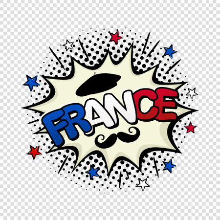 France comic logo on transparent background. Cartoon explosion with stars, mustache and beret. Pop art vector illustration for French travel and holiday.のイラスト素材