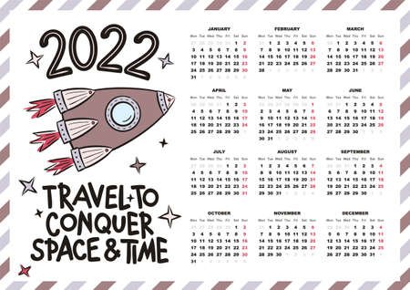 Airmail Calendar template. 2022 yearly calendar. 12 months yearly calendar set in 2022. Hand drawn rocket. Happy new year motivational card. Vector illustration. Travel to conquer space and timeのイラスト素材