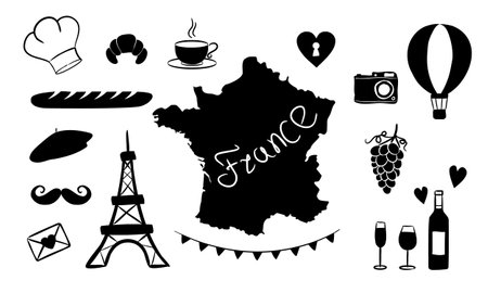 Set of Silhouettes Maps of France and National French Symbols. Isolated elements for Bastille Day or National Decor of France. Hand drawn Vector illustration for a festive or holiday decoration.のイラスト素材