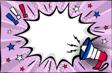 Comic empty speech bubble with shout in the colors of the French tricolor. Pop art vector illustration for Bastille Day or National Decor of France. Explosion for a festive or holiday decorのイラスト素材