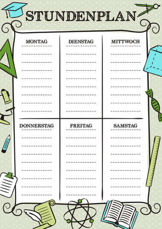 German vintage template of a school schedule for 6 days of the week for students. Blank for a list of school subjects. Vector illustration in doodle styles for Germany. Translation: Timetableのイラスト素材