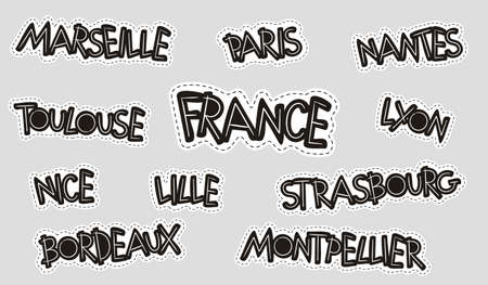 A set of stickers with the names of French cities. Black and white hand made font. Vector illustration for decoration of tourism, travel, geographic maps, navigation, attractions, landmarks in France.のイラスト素材