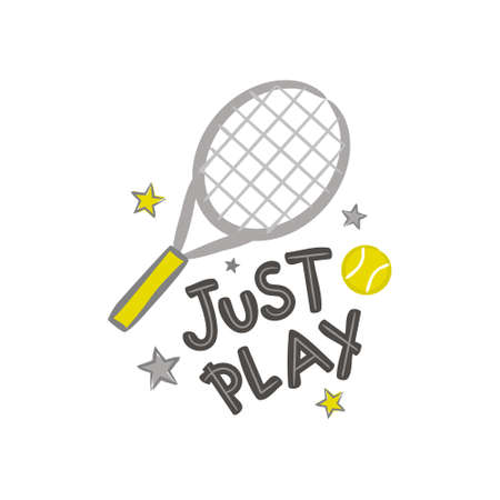 Just Play Tennis. Cute emblem for Tennis projects with racket, balls and stars. Vector Illustration for the design of competitions, sports events, equipment. Motivational lettering cardのイラスト素材