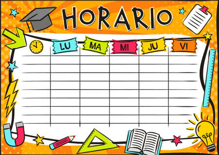 Spanish Bright template of a school schedule for 5 days of the week for students. Blank for a list of school subjects. Vector illustration in pop art styles for Spain. Translation: Timetableのイラスト素材