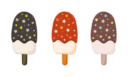 Set of hand drawn isolated on white background. Multi-colored ice cream of different tastes in doodle style. Vector illustration for decoration of menus, cafes, restaurants and pastry shops.のイラスト素材