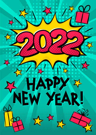 2022 Happy New year pop art banner with dots, rays and halftone. Comic greeting card with Happy New Year, gifts and stars. Bright cartoon Vector illustration.のイラスト素材