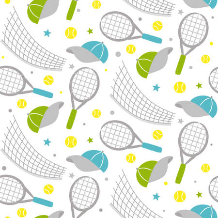 Seamless hand drawn tennis pattern. Hand drawn Sport background with tennis racket, caps, web and balls. Vector Illustration for the design of competitions, sports projects, tennis equipment.のイラスト素材