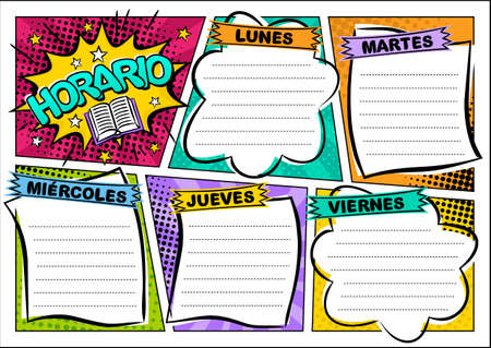 Spanish Comic template of a school schedule for 5 days of the week. Cartoon Blank for a list of school subjects. Transaltion: Timetable, Monday, Tuesday, Wednesday, Thursday, Friday. Vector popartのイラスト素材
