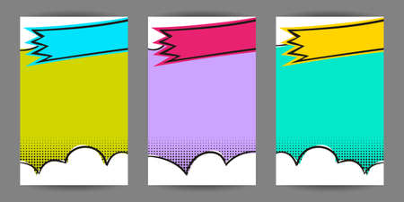 Set of Comic banners. Cartoon text frame on a cloud background. Pop art Template for web design, banners, cards, coupons and posters. Vector illustration for for announcements, parties or sales.のイラスト素材