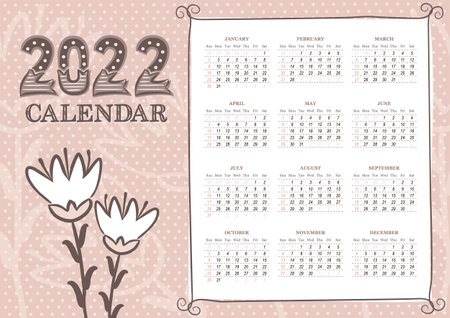 2022 Calendar template in landscape orientation with cute flowers. 12 months yearly calendar set in 2022. Week starts on Sunday. Vintage clipart. Vector illustration.のイラスト素材