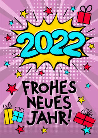 2022 Happy New year pop art banner in German. Comic greeting card with Happy New Year, gifts, dots, rays, halftone and stars. Bright cartoon Vector illustration. Translation: Happy New yearのイラスト素材