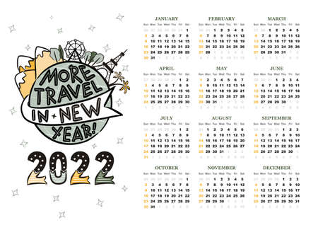 2022 yearly calendar template. 12 months yearly calendar set in 2022. Week starts on Sunday. Globe with landmarks. Happy new year motivational card. Vector illustration. More travel in New Yearのイラスト素材