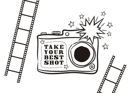 Hand drawn black and white card for photographer with camera and films. Motivational card or poster. Vector illustration. Take your best shotのイラスト素材