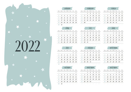 2022 Calendar template with stars and dots. 12 months yearly calendar set in 2022. Week starts on Sunday. Magic cute clipart. Vector illustration.のイラスト素材