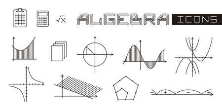 A set of linear isolated elements for algebra. Algebraic graphs of mathematical functions. Vector illustration for school textbooks, educational projects, maths banners and posters.のイラスト素材