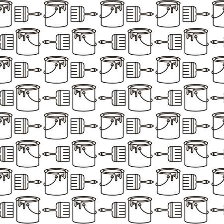 Black and white seamless pattern with brush and paint bucket. Linear Vector illustration for creative and educational projects or renovation, interior design.のイラスト素材