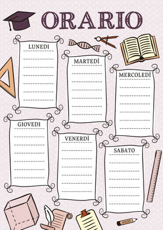 Italian vintage template of a school schedule for 6 days of the week for students. Blank for a list of school subjects. Vector illustration in doodle styles for Italy. Translation: Timetableのイラスト素材