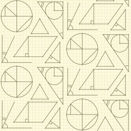 Seamless linear pattern with school geometric elements. Pattern with mathematical objects, figures, pyramid, cube, ball, cylinder. Vector background for Geometry.のイラスト素材