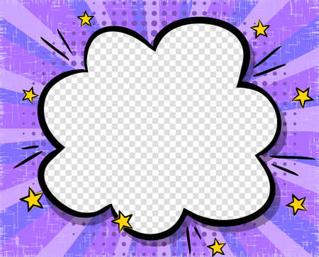 Comic banner with cloud frame on lilac ray background. Speech bubble with Transparent backing. Template for web design, banners, coupons, applications and posters. Cartoon Vector illustration.のイラスト素材