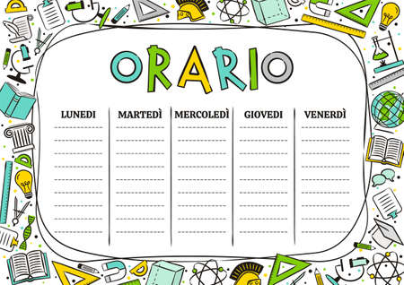 Italian Kids Template of a school schedule for 5 days of the week for students. Vector illustration in cartoon styles. Includes hand-drawn elements on a school theme. Translation: Timetableのイラスト素材