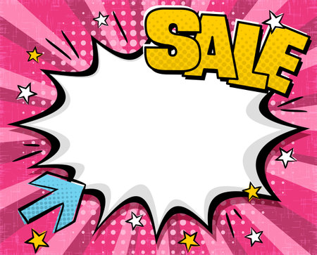 Comic banner for discounts or sales in popart style. Explosion on a ray pink background. Bright Template for web design, banners, coupons, applications and posters. Retro Vector illustration.のイラスト素材