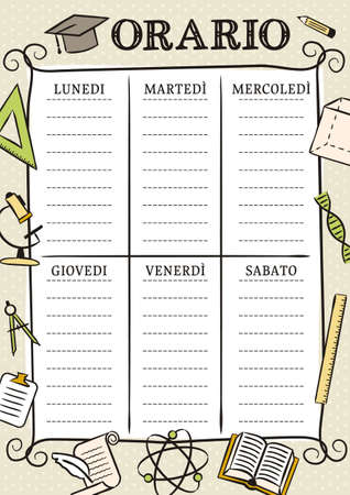Italian Vintage Template of a school schedule for 6 days of the week for students. Vector illustration in doodle styles. Includes hand-drawn elements on a school theme. Translation: Timetableのイラスト素材