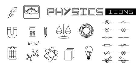 A set of linear isolated elements for Physics. Electrical circuit elements and other scientific objects. Vector illustration for school textbooks, educational projects, banners and posters.のイラスト素材