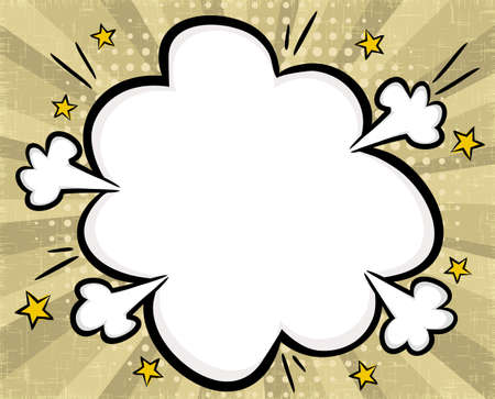 Comic speech bubble in pop art style. Empty text box in cloud shape on ray vintage background. Cartoon Explosive frame for projects of announcements, attracting attention, sale. Vector illustrationのイラスト素材