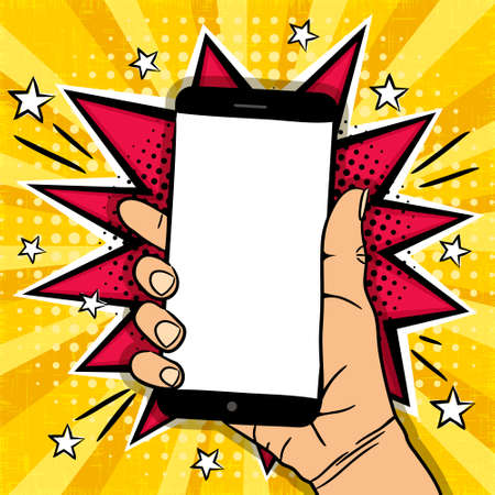 Comic bright banner with mobile phone in hand. Explosion, Smartphone with blank screen and stars in pop art style. Template for web design, banners, cards, coupons and posters. Vector illustrationのイラスト素材