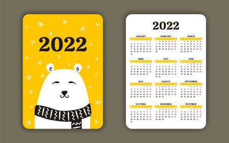 2022 Pocket Calendar template with cute polar bear. 12 months yearly calendar set in 2022. Week starts on Monday. Vector illustrationのイラスト素材