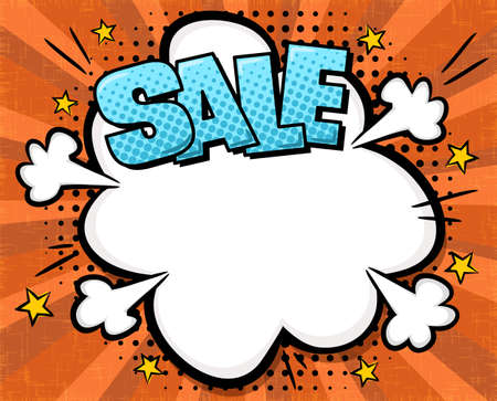 Comic banner for discounts or sales in popart style. Boom cloud on a ray orange background. Bright Template for web design, banners, coupons, applications and posters. Retro Vector illustration.のイラスト素材