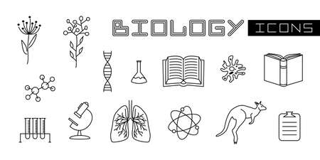 A set of linear isolated elements for Biology. Books, amoeba, lungs, molecules, microscope and other research objects. Vector illustration for school textbooks, educational projects, banners, postersのイラスト素材