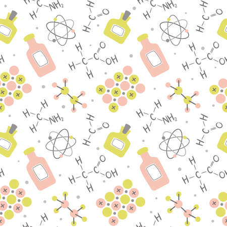 Seamless doodle pattern with elements of chemistry and formulas of substances. Chemical vials, molecules and electrons. Vector background. School pattern on page from a notebook in a cage.のイラスト素材