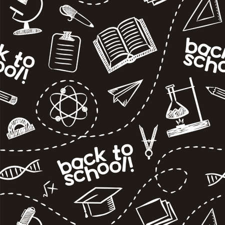 Back to school Seamless pattern of hand-drawn school elements in chalk style. Drawing white strokes. Background for notebooks, textbooks, school and education topics. Vector illustrationのイラスト素材