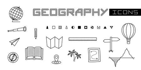 A set of linear isolated elements for Geograph. Mineral symbols, globe, map, spyglass, compass and other navigational objects. Vector illustration for school textbooks, educational projects, bannersのイラスト素材