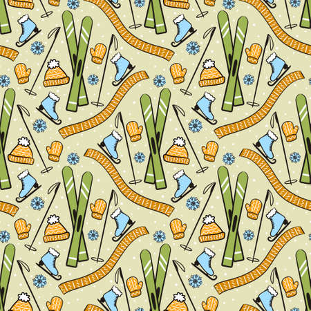 Seamless winter pattern. Sports background with hand-drawn skis skates, knitting and snowflakes. Vector Illustration for the design of competitions, sports projects, tennis equipment.のイラスト素材