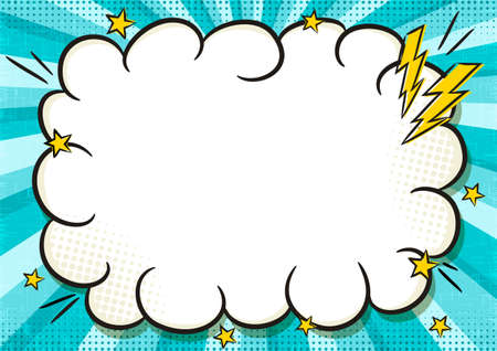Comic banner with cloud frame in popart style. Text box on a bright blue background. Template for web design, banners, coupons, applications and posters. Cartoon Vector illustration.のイラスト素材