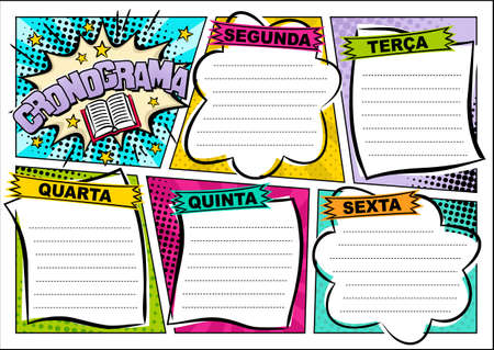 Portuguese Comic template of a school schedule for 5 days of the week. Cartoon Blank for a list of school subjects. Transaltion: Timetable, Monday, Tuesday, Wednesday, Thursday, Friday. Vector popartのイラスト素材