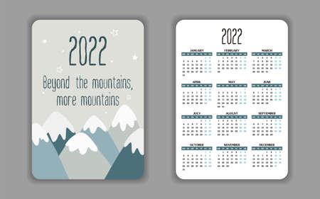 2022 Pocket Calendar template with quote about mountains. 12 months yearly calendar set in 2022. Week starts on Monday. Vector illustration. Beyond The Mountains, More Mountainsのイラスト素材