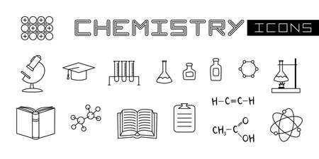 Set of linear isolated elements for Chemistry. Chemical test tubes, flasks for experiments, formulas of substances and scientific objects. Vector illustration for school textbooks, educational projectのイラスト素材