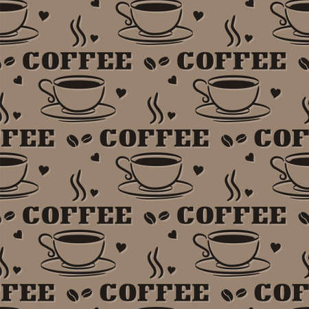 Seamless coffee pattern with hand drawn elements. Doodle Cup, hearts and coffee beans. Background for cafe, restaurant, coffee shop or menu. Vector illustration.のイラスト素材
