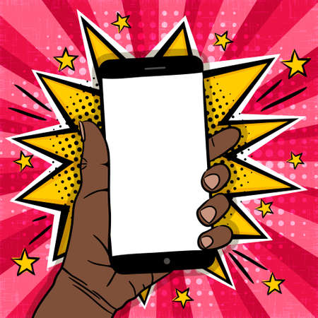 Comic bright banner with mobile phone in black hand. Explosion, Smartphone with blank screen and stars in pop art style. Template for web design, banners, cards, coupons, posters. Vector illustrationのイラスト素材