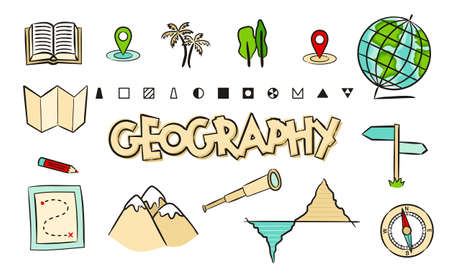 Set of hand drawn Geographic school icons. Pictograms of globe, compass, map, route, mountains, navigation, Spyglass, Geography. Vector illustration for school and education projects.のイラスト素材