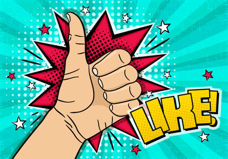Like. Comic bright banner with Hand with thumb up. Explosion and stars in pop art style. Template for web design, banners, cards, coupons, posters. Vector illustrationのイラスト素材